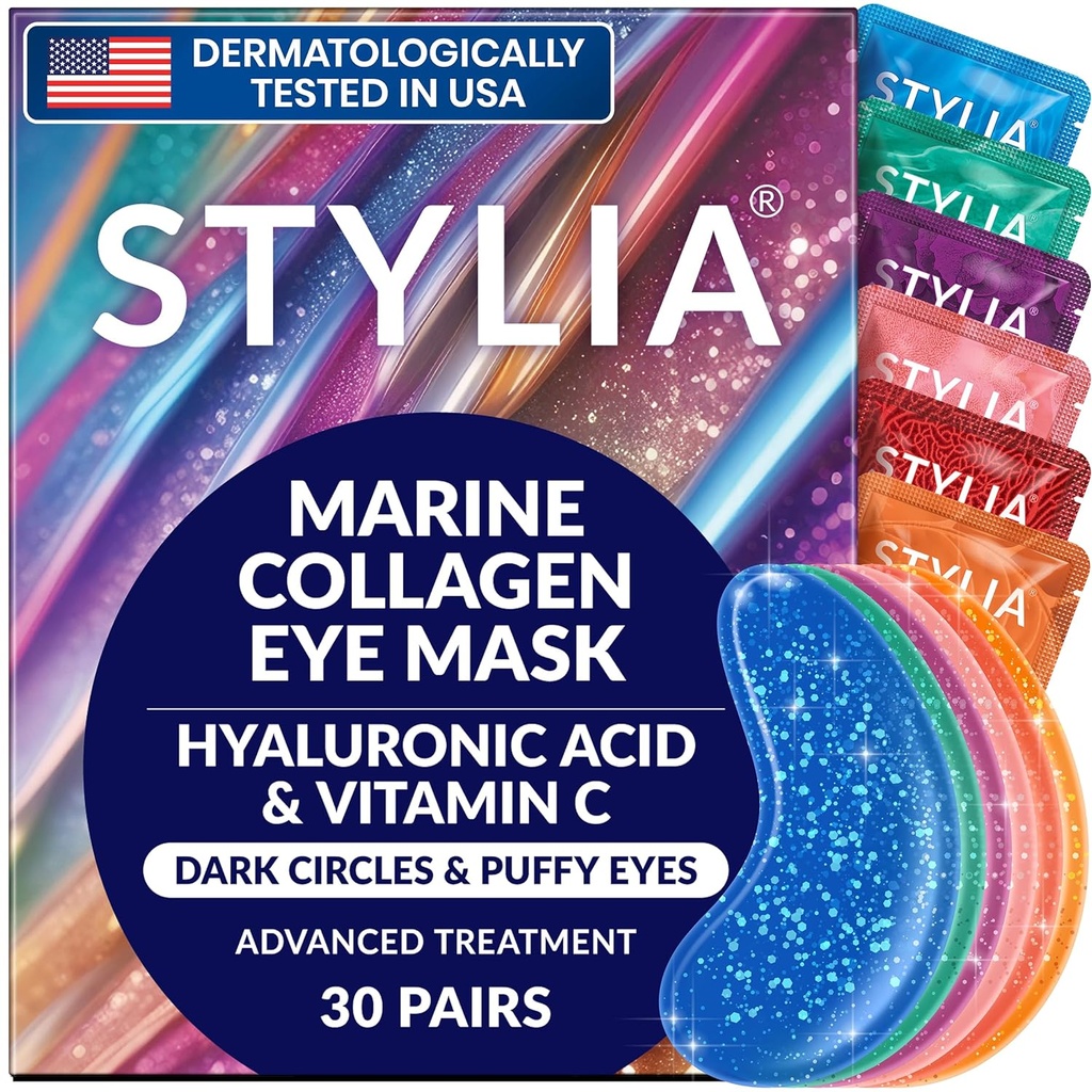 Stylia Collage & Vitamin C Under Øye Patches For Puffy Øye & Mørke Sirkler - Depuffing, Hydrating & Firming Under Eye Maske med Hyaluronsyre - Vegan, Cruelty-Free Skincare (30 par)