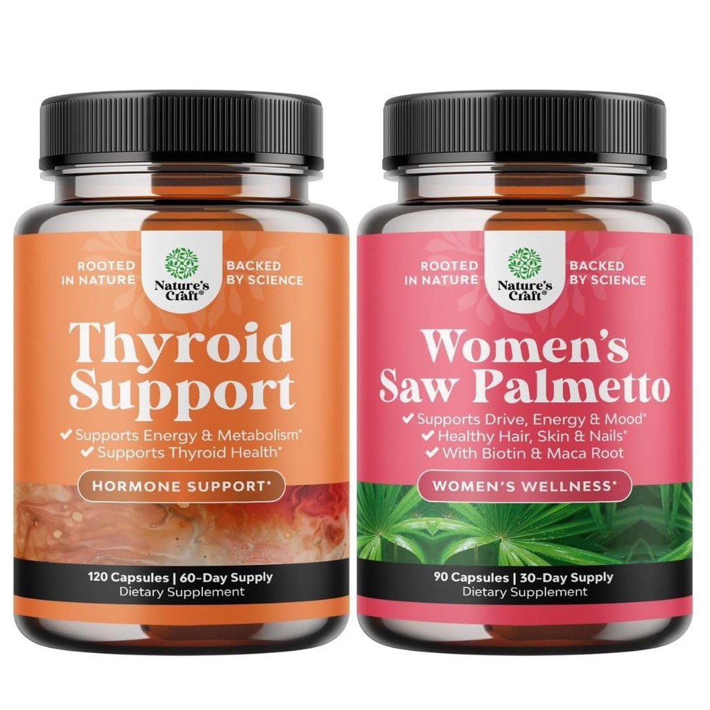 Bundle of Herbal Adrenal og Thyroid støttekompleks - Mood Enhancer Energy Supplement for Thyroid helse og ekstra styrke så Palmetto for kvinner for sterkere tykkelse sunnere utseende hår