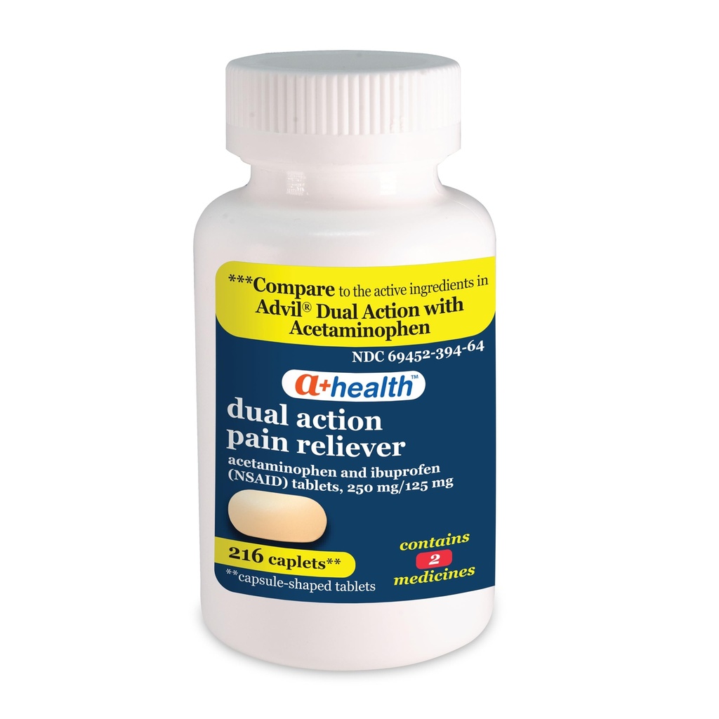 A + Helse Dual Action Acetaminophen 250 mg og Ibuprofen (NSAID) 125 mg smertestillende kapell, 216 teller