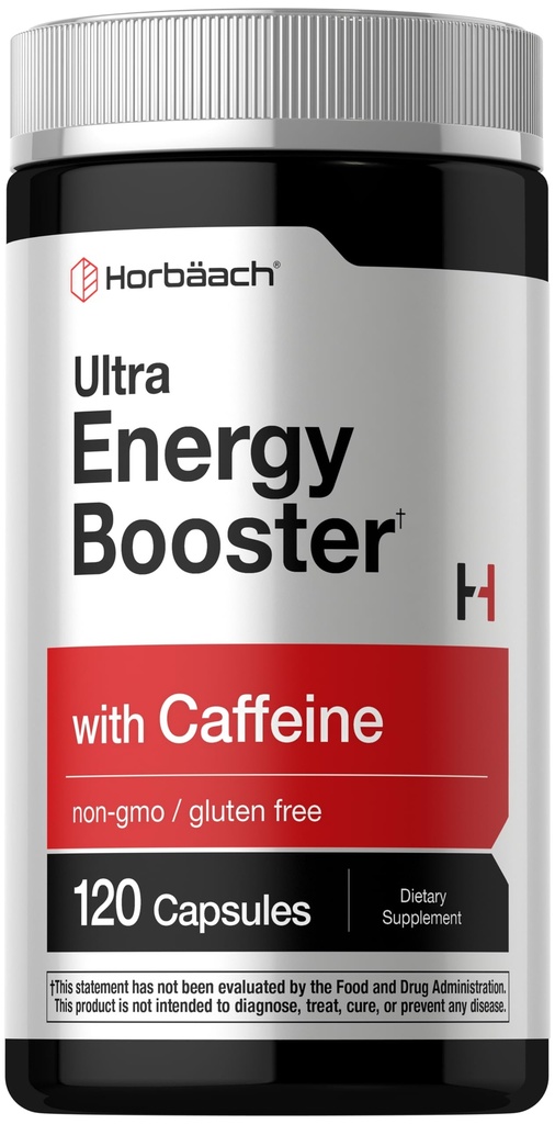 Horbäach energitilskudd | 120 Kapsler | med koffein, Ginseng og vitamin B12 | Daglig energiforsterkning piller | Ikke-GMO, Glutenfri