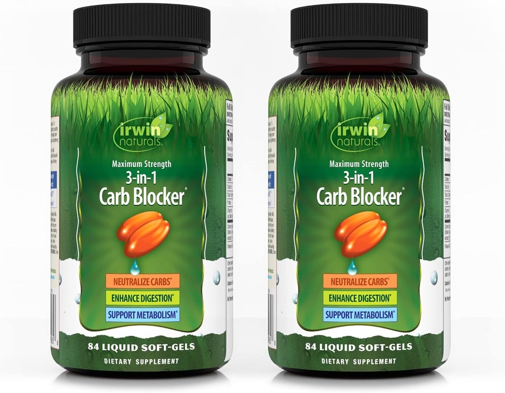 Irwin Naturals Maksimal styrke 3-i-1 Carb Blocker - 84 Flytende Soft-Gels, Pakke med 2 - Nøytralisere karbohydrater - 84 Total Services