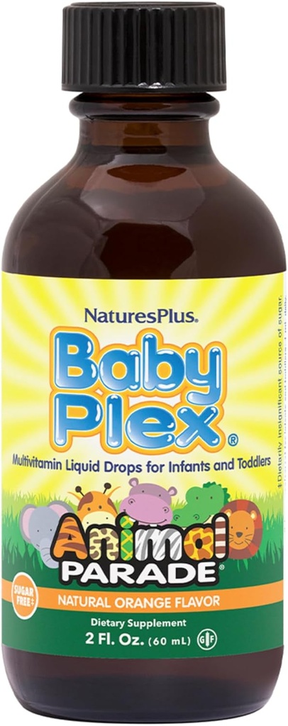 NaturesPlus Animal Parade Baby Plex, Naturlig Orange Flavor - 2 fl oz, Pakke med 2 - Flytende Multivitamin for spedbarn og tilhengere - Sukkerfri, Glutenfri - 120 Total Services