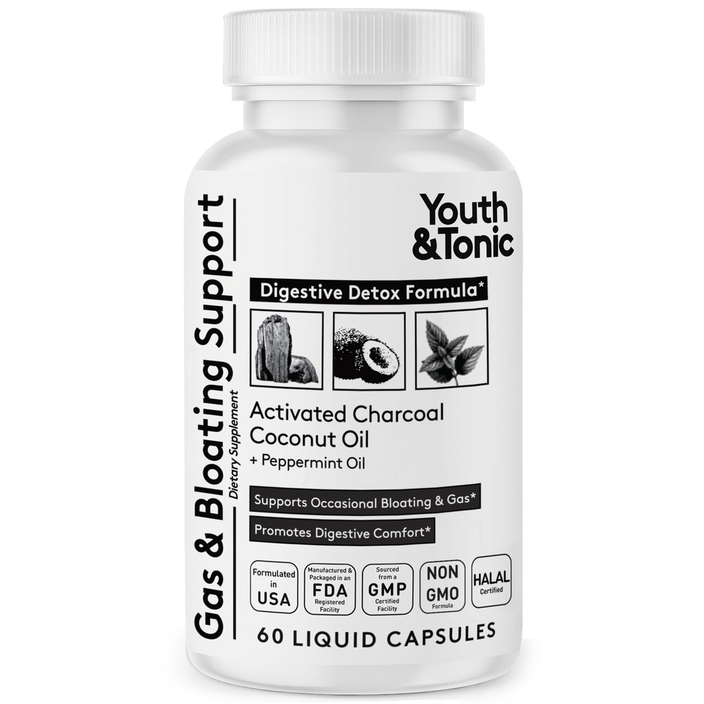 Ungdom & Tonic Aktivert Charcoal piller for å blomstre og gass relief til å lindre magen og digestive system detox med Peppermynt & økologisk kokosolje, for menn og kvinner - 60 flytende kapsler