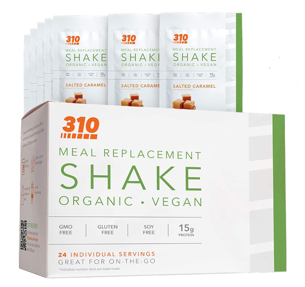 24 CT Organic Shake Box - Vegan Plante Protein pulver og måltid erstatningshake - Av 310 Næring - Gluten, Dairy og Soya Gratis - 0g Sukker | Keto og Paleo Vennlig (saltet karamell)