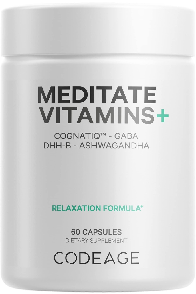 Kodeage Meditasjon Vitaminer + Supplement - CognatiQ, DHH-B, GABA, Ashwagandha, Organiske Mushrooms, Blåbær - BDNF Brain Pills og Neuroprotein - Vegan, ikke-GMO, Glutenfri - 60 Kapsler