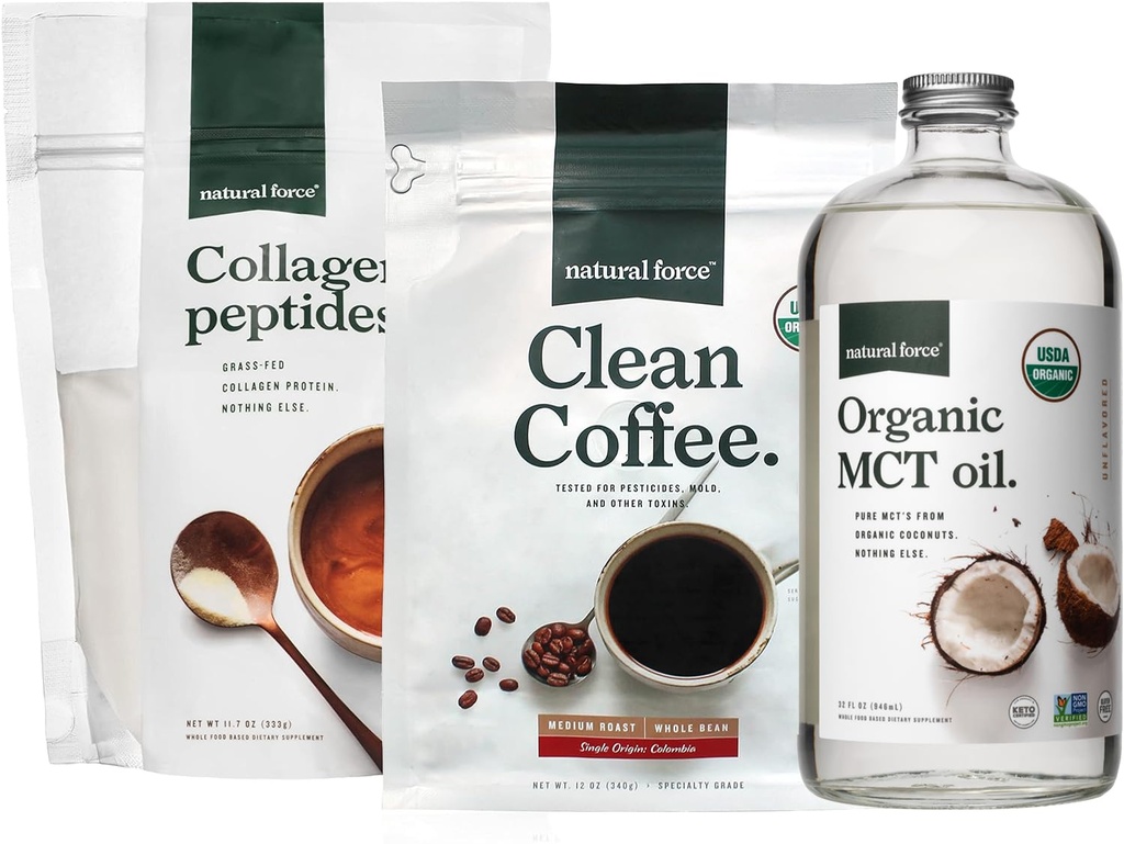 Natural Force Organic Clean Coffee + collagen Peptider + Organic MCT Olje Bundle – Toxin Gratis Kaffe, Grass Fed Collage, & MCTs - Ikke-GMO, Keto, & Paleo - 12 Oz, 11.7 Oz, 32 Oz