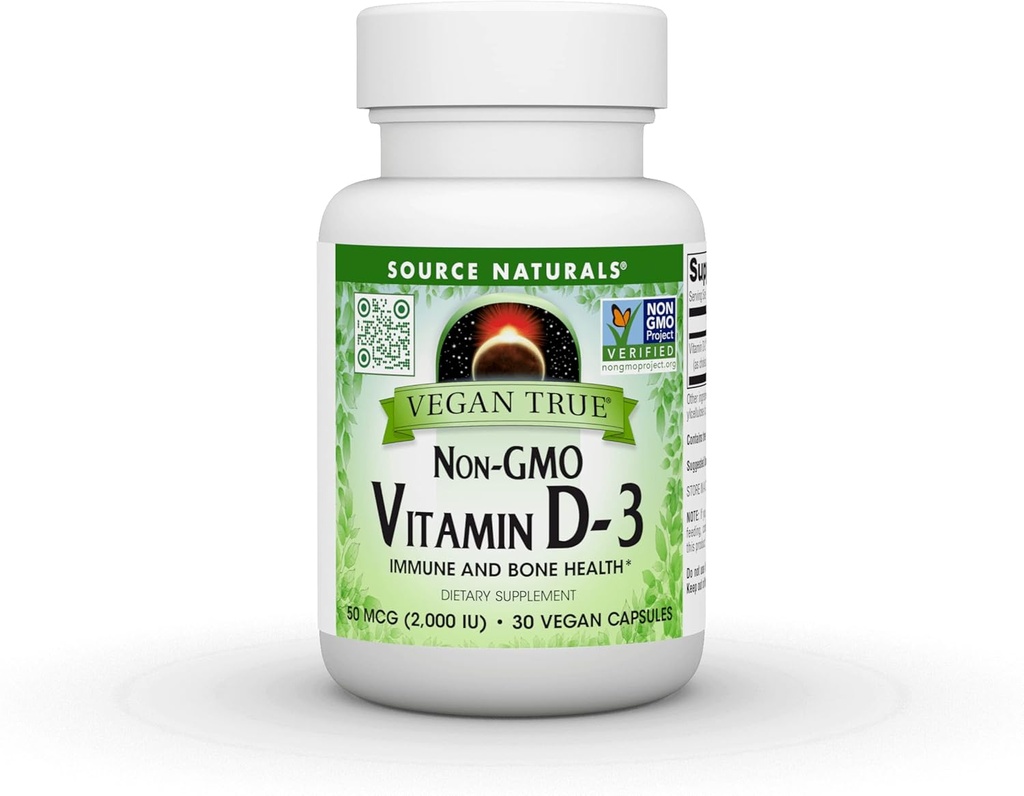 Kilde Naturals Vegan True, ikke-GMO vitamin D-3, kosttilskudd for immun- og beinhelse*, 2.000 IE - 30 kapsler