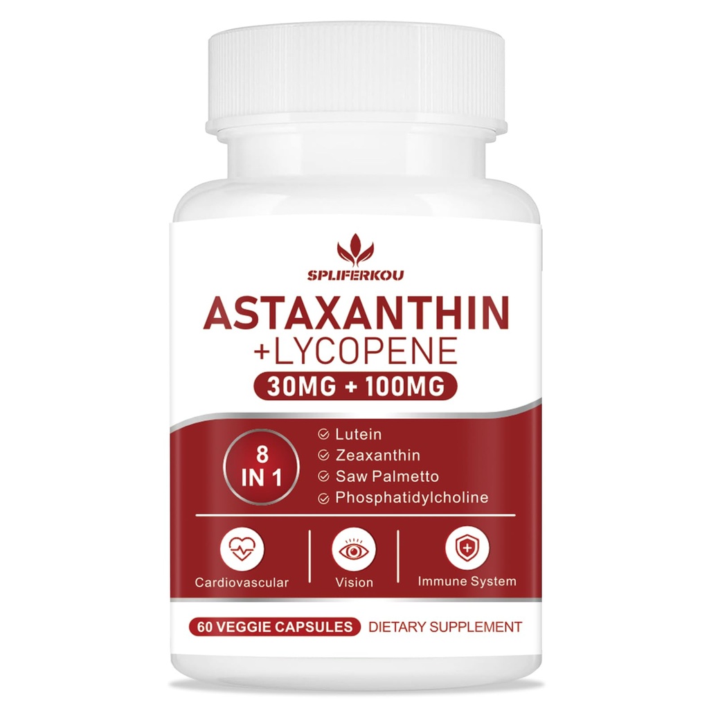 Astaxanthin og Lycopen 70 mg, Astaxanthin Supplement med fosfatidylkolin, Lutein og Zeaxanthin, kraftige antioksidanter Supplement støtte for hud, øye og felles helse (60 kapsler)