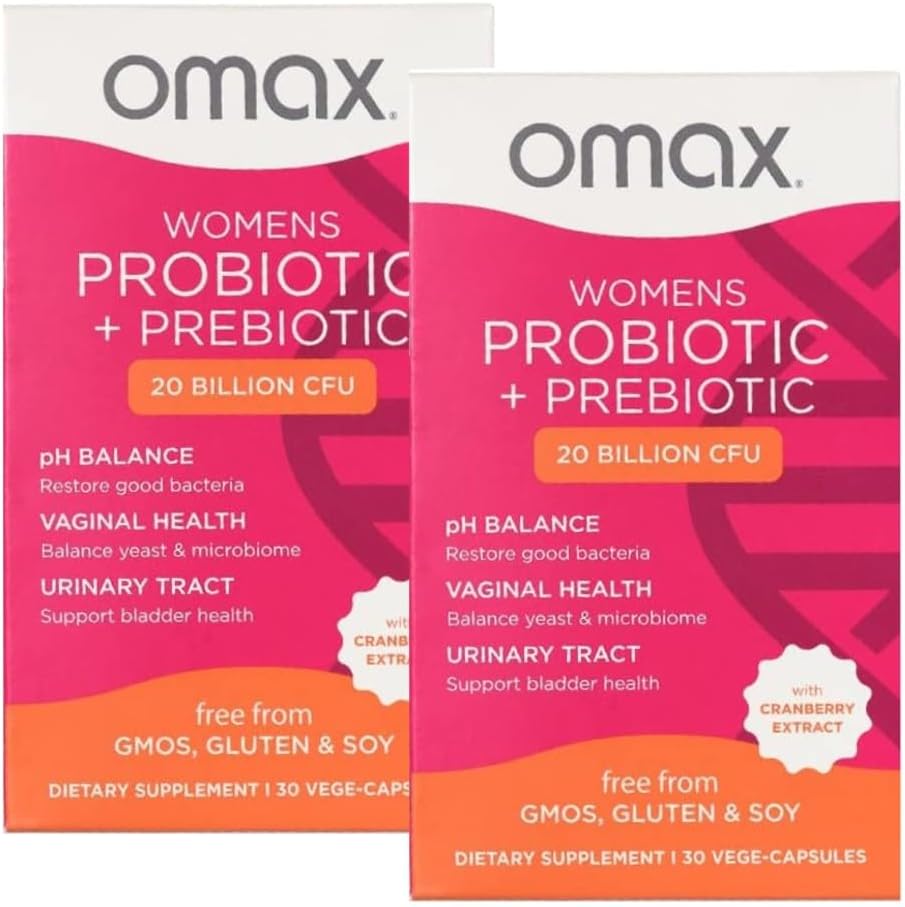 2 Pack Omax Prebiotika og probiotika Kompleks for kvinner, pH-balanse, Vaginal Helse, Urinal Tract, Yeast, UTI / BV Forebygging, Bloating pH 20 milliarder CFU Vegan, Økologisk, Glutenfri, 60 Vege-Capsules