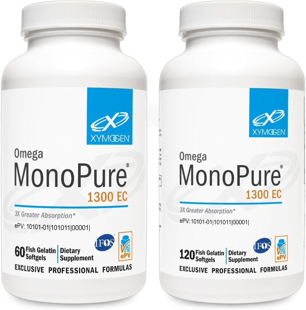 XYMOGEN Omega MonoPure 1300EC Bundle - 60 Softgels + 120 Softgels - Fiskeolje med 3X større absorpsjon - DHA EPA Omega 3 Supplement for hjertehelse + Kognitiv støtte