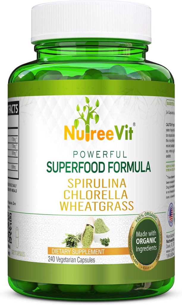 NutreeVit ren 100% organisk spirulina + klorella + hvetegrass - kraftig supermat - Veggie Capsules