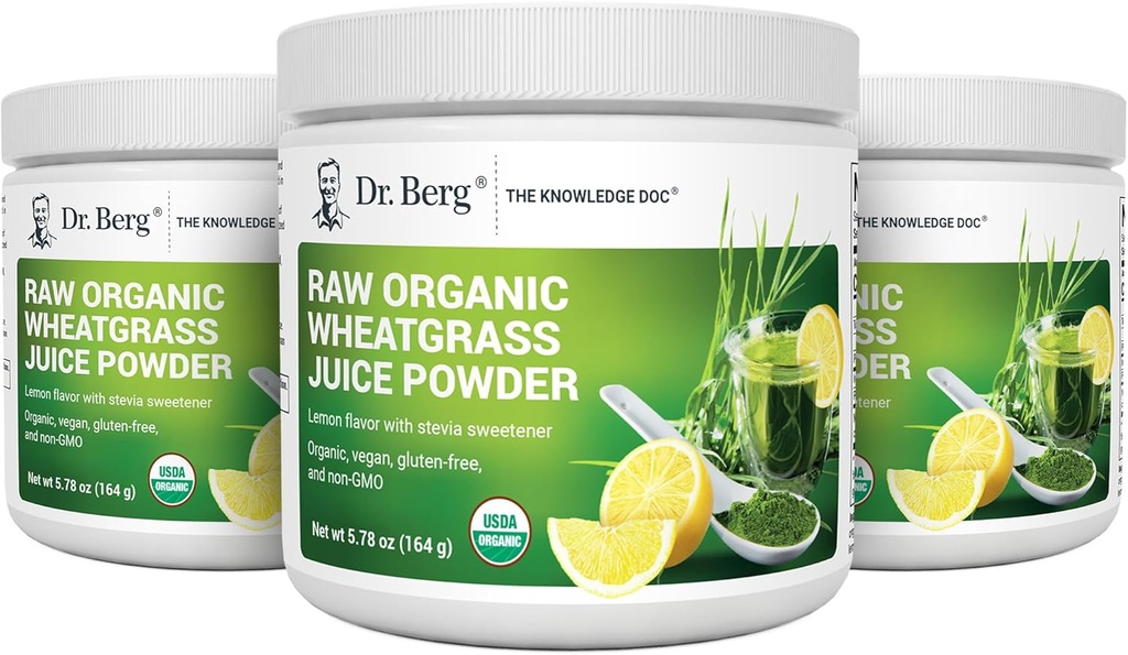 Dr. Berg's Raw Wheatgrass Juice pulver (60 Serveringer) - USDA Certified Organic Wheatgrass pulver m/ Chlorophyll, Trace Minerals & Natural Enzymes - Ultra-Konsentrert - Lemon Flavor w/ Stevia 3 Pack