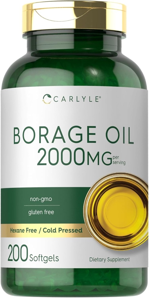 Carlyle Borage Olje Supplement | 2000mg | 200 Softgel Kapsler | 320mg GLA | Cold Pressed & Hexan Gratis | Ikke-GMO & Glutenfri