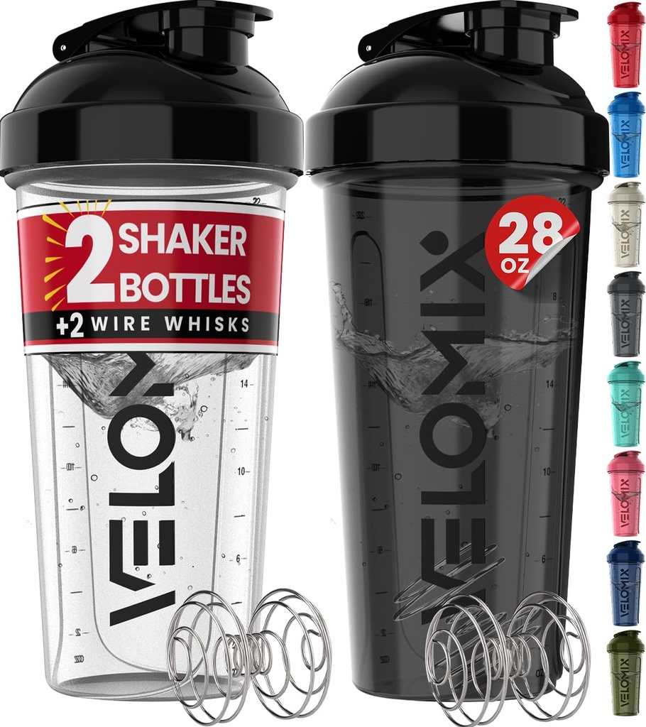 VELOMIX -2 Pack- 28 oz Protein Shaker flasker for proteinblandinger - 2x Wire Whisk | Leak Proof Shaker Cups for proteinshaker | Protein Shaker flaske pakke (svart / gjennomsiktig)