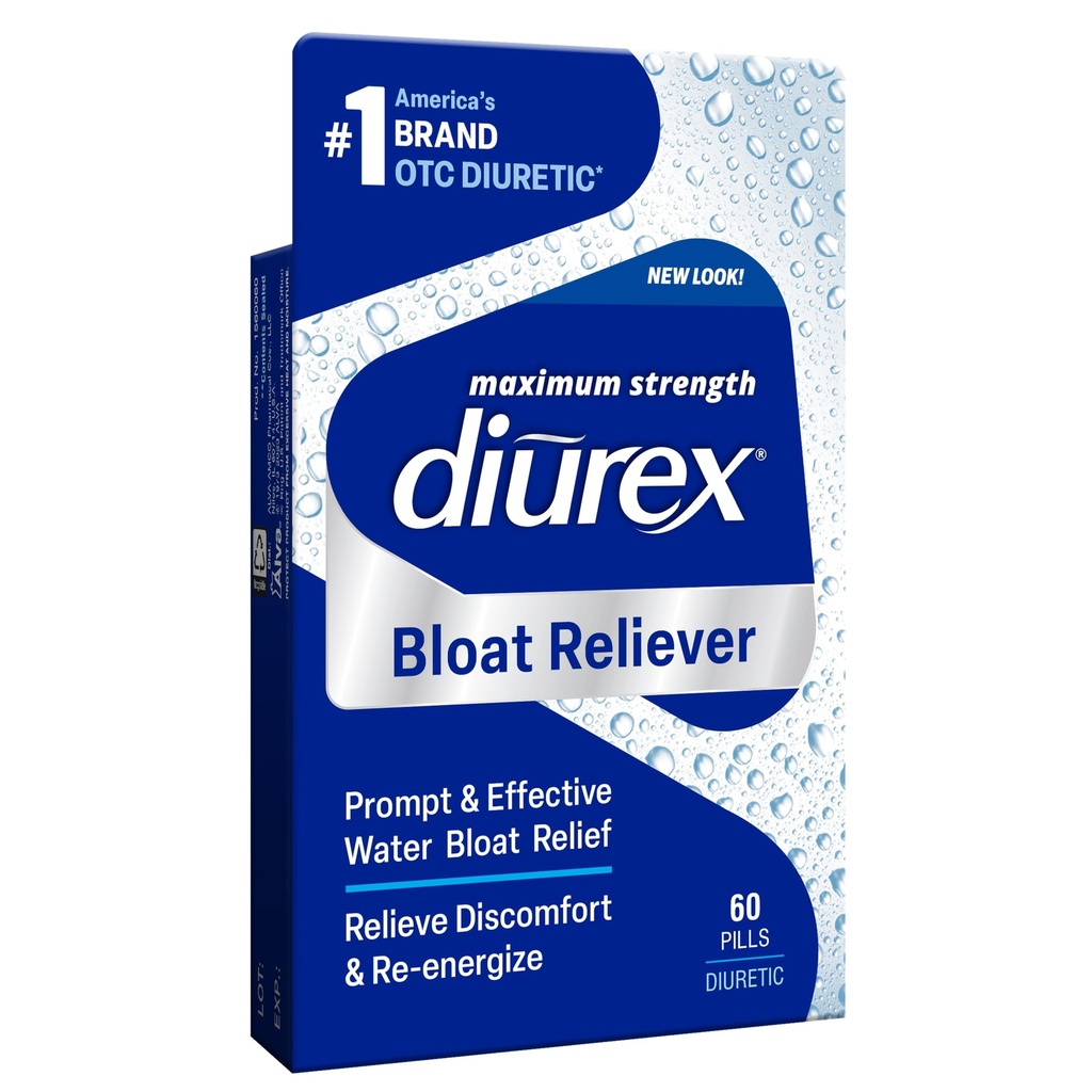 Diurex Bloat Reliever | Relieve Water Bloat, Puffiness, hevelse og tretthet | Re-Energize | Maksimum styrke | 60 greve