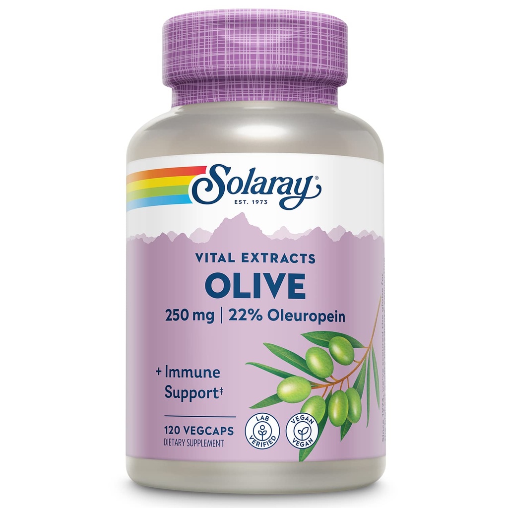 SOLARAY Olive 250mg - Olive Leaf Extract Capsules med 22% Oleuropein, Plus Lemon Balm - Polyfenoler Supplement for velvære støtte - Vegansk, 60-dagers garanti, Lab Verifisert - 120 Services, 120 VegCaps