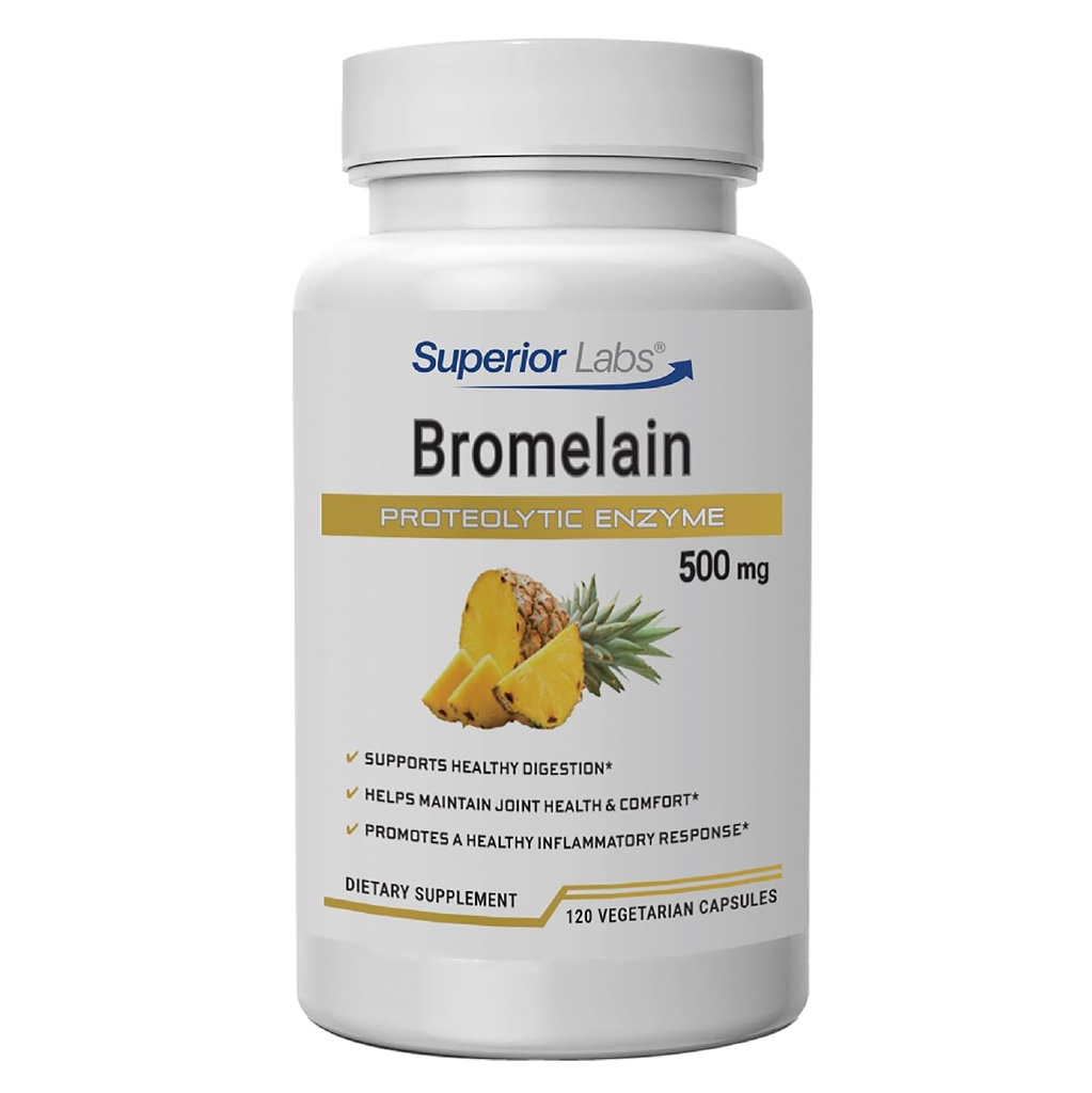 Superior Labs Bromelain 500mg – 2400 GDU/Gram Non-GMO Pineapple Enzyme, Plantebasert Digestive Support, fremmer felles komfort og vev helse – 120 Veg Caps