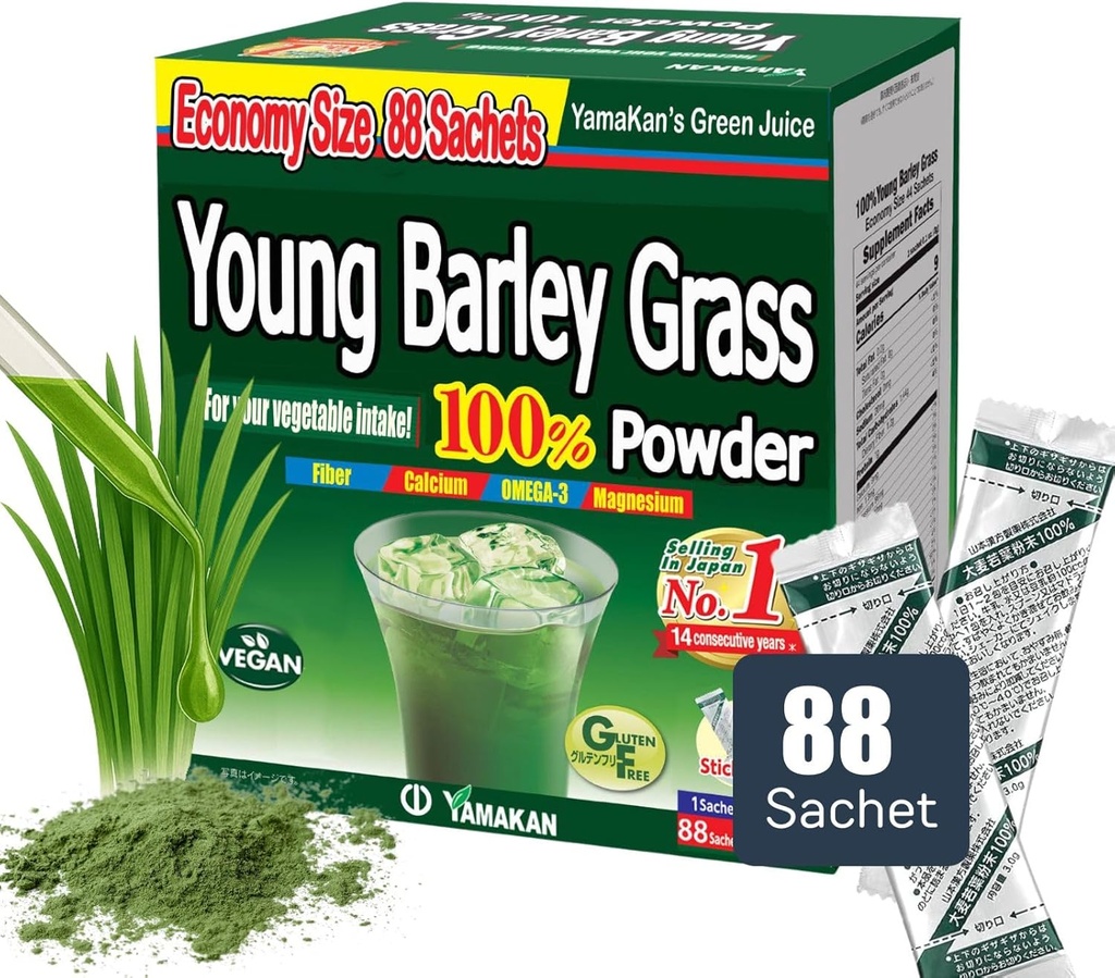 YAMAKAN Young Barley Gras pulver, Grønn Superfood pulver rik på næringsstoffer, mineraler, vitaminer og plantebaserte protein for kvinner og menn, Barley Gras fra Japan, ikke GMO 88 Count