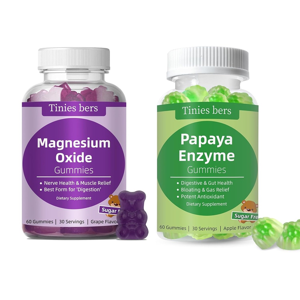 Tinnies bers Papaya Enzyme Gummies og magnesiumoksid Gummies, Digestiv Helse for voksne og barn, Vegan, Sukkerfri, Ikke-GMO, Pektin