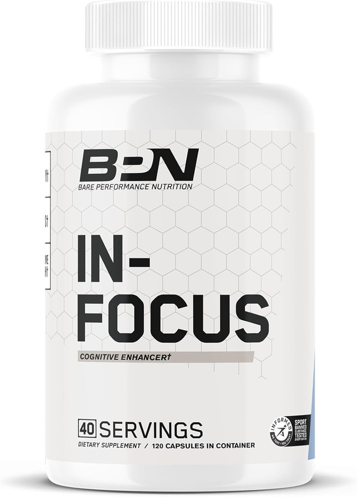 BARE PERFORMANCE NUTRITION BPN i-Focus Brain Supplement for minne og fokus Koffein piller, 1 g L Tyrosin per servering + Alpha GPC, 40 Serveringer, Glutenfri + Vegan