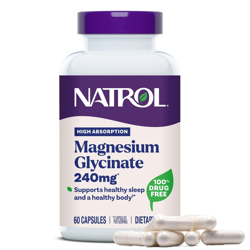 Natrol Magnesium Glycinat Supplement 240 mg - Høy absorpsjon - Rolig Magnesium Glycinat for søvn - 60 kapsler, 30 dagers forsyning
