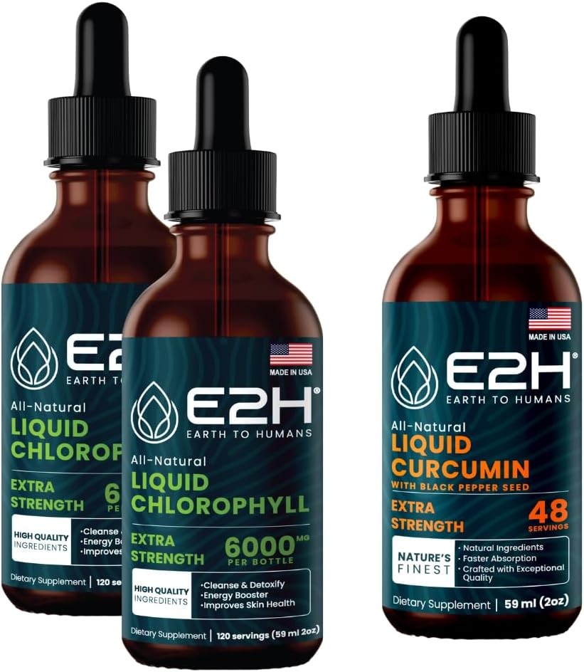 E2H: Klorofyll flytende dråper (2 pakke - 4 Fl Oz) og flytende gurkemeie curcumin (enkel flaske - 2 Fl Oz) | Vegan, ikke-GMO - (6 Fl Oz Totalt) - Bundle