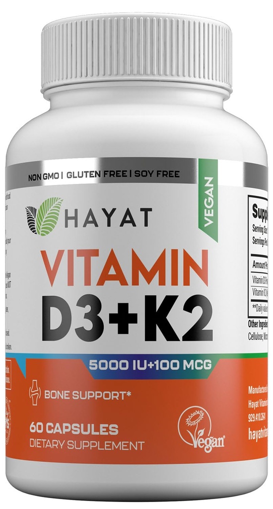 HAYAT vitaminer Vegansk vitamin D3+K2 (5000 IU + 100 MCG), kosttilskudd for ben, tenner, muskel og immun helsestøtte, 2 måneders forsyning, sertifisert Halal, 60 kapsler, laget i USA