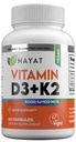HAYAT vitaminer Vegansk vitamin D3+K2 (5000 IU + 100 MCG), kosttilskudd for ben, tenner, muskel og immun helsestøtte, 2 måneders forsyning, sertifisert Halal, 60 kapsler, laget i USA