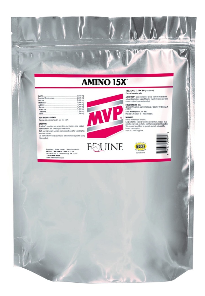 MVP Amino 15X (1,5lb) støtter sunn muskelfunksjon, utvikling og gjenoppretting i hester.