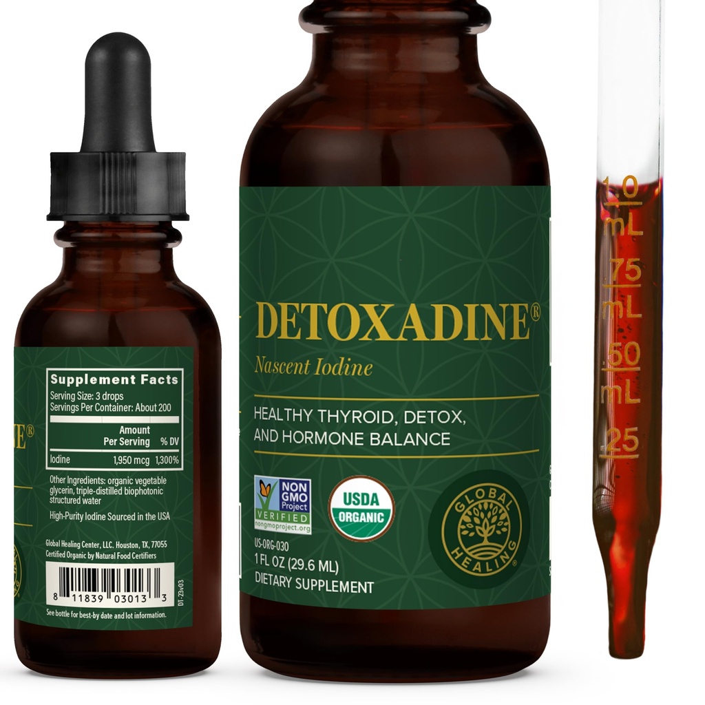 Global Healing Center - Detoxadin - Organisk Nascent flytende iodin Supplementsdråper for Thyroid Support, Detox Cleanse og Metabolisme - Non-GMO, Vegan, 200 Serverer Iodine Drops (1 Oz)