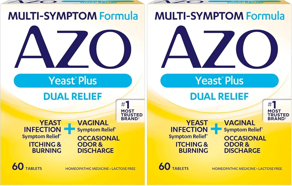 AZO Yeast Plus Dual Relief Tabletter, Yeast Infeksjon og Vaginal Symptom Relief, lindrer kløende og brennende, 60 greve (pakke med 2)