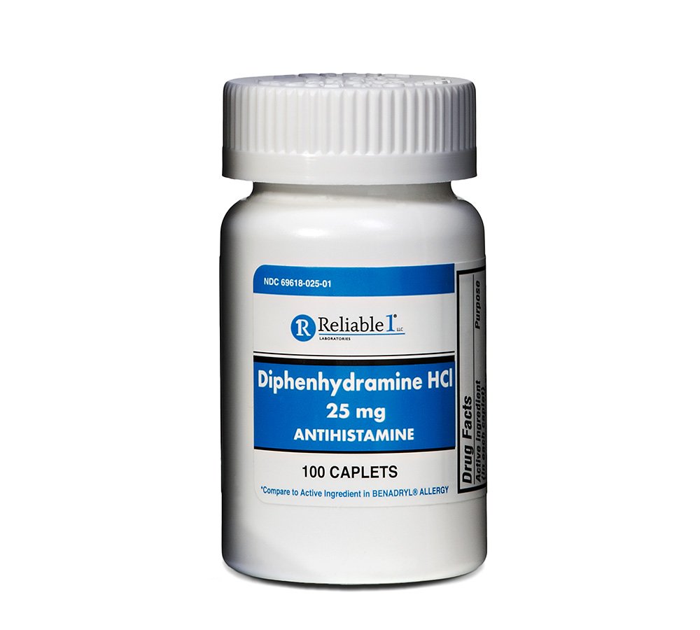 Pålitelig 1 Diphenhydramin HCI 25 mg Antihistamin 100 kapler (1 flaske)