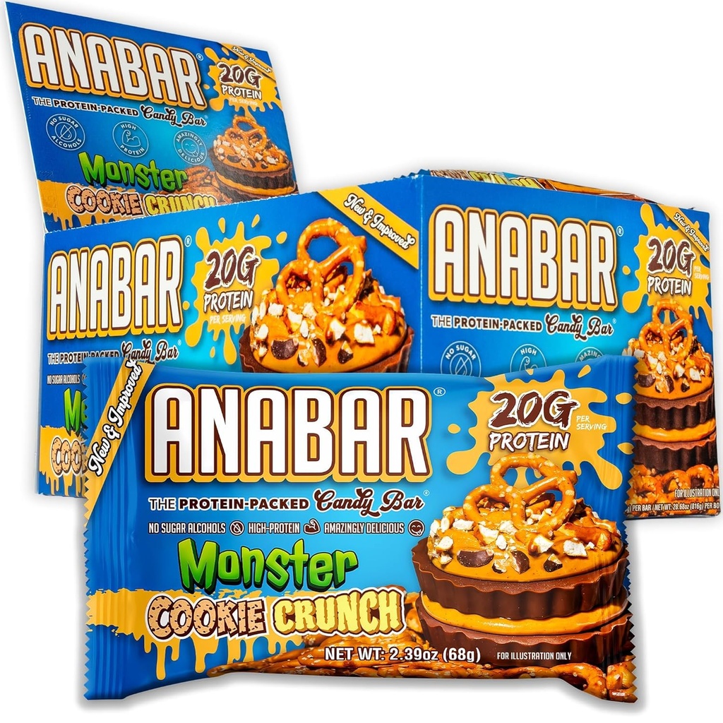 Anabar Protein Bar, Protein-pakket Candy Bar, Amazing Tasting Protein Bar, Ingen sukkeralkoholer, høyprotein, Utrolig Delicious (12 Bars, Melke sjokolade Monster Cookie Crunch)