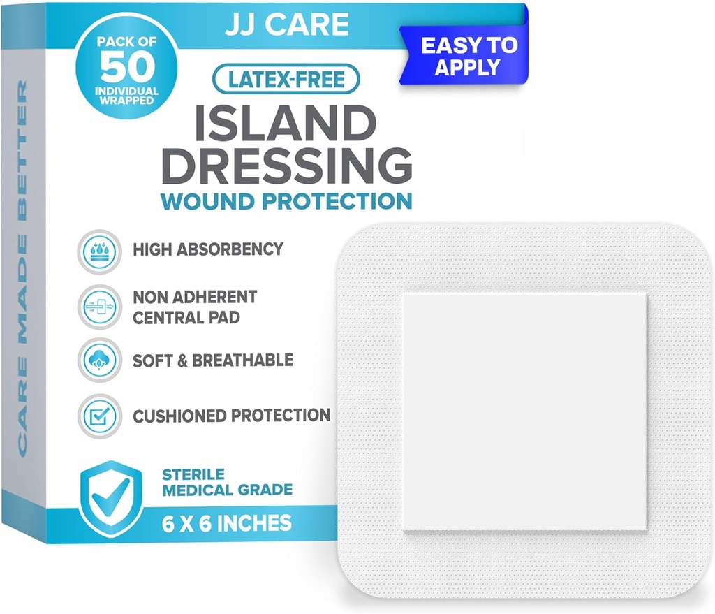 JJ CARE Adhesive Island Dressing [Pack of 50], 6x6 Sterile Bordered Gauze Dressing, pustende Island Sår Dressing Individuelt innpakket med høy absorbent Non-Stick Center Pad