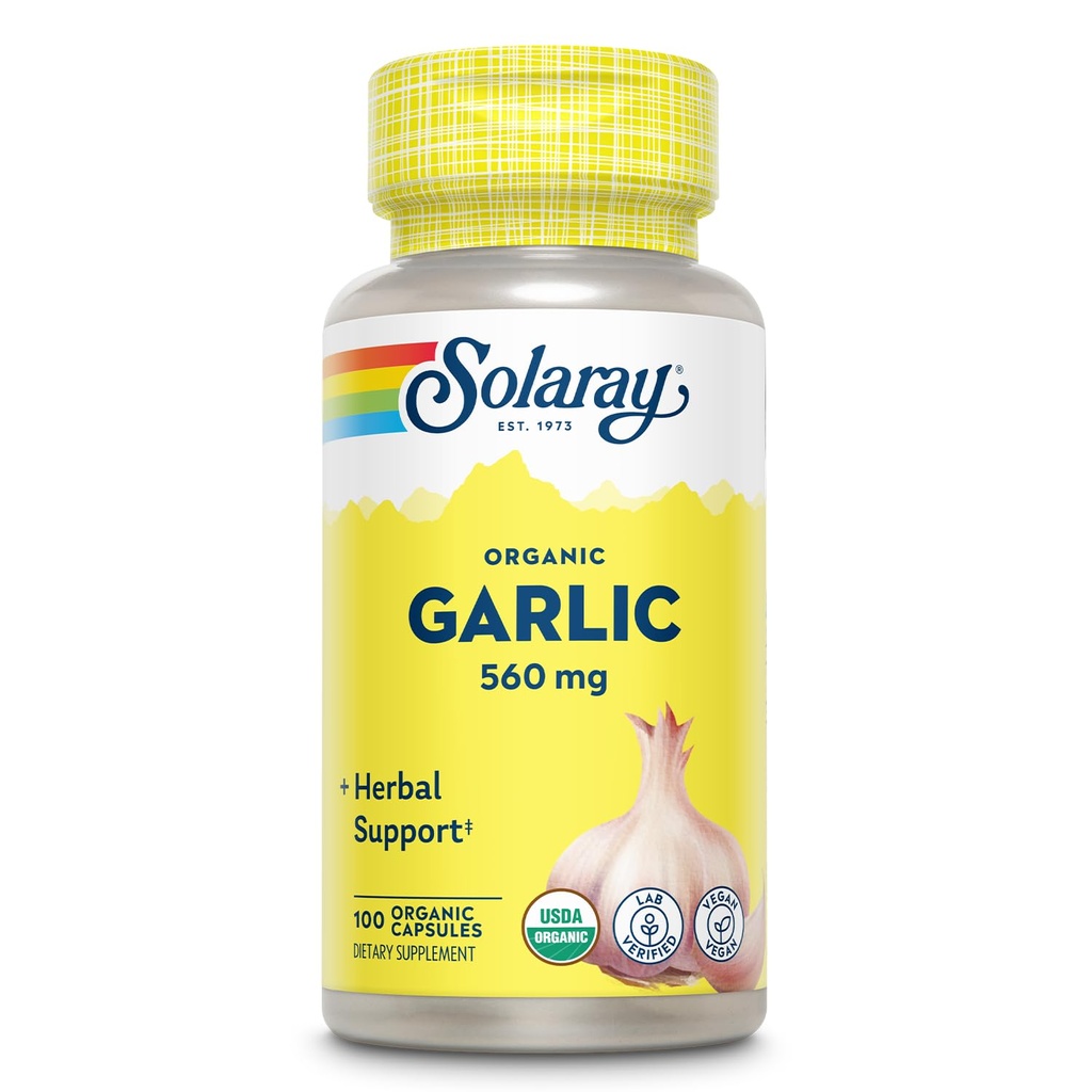 Solaray organiske hvitløk piller - 560 mg hvitløk kosttilskudd for hjerte helse støtte - USDA organiske hvitløk kapsler - Vegan - 60-dagers pengene-tilbake garanti - 100 serveringer, 100 Vegkapsler