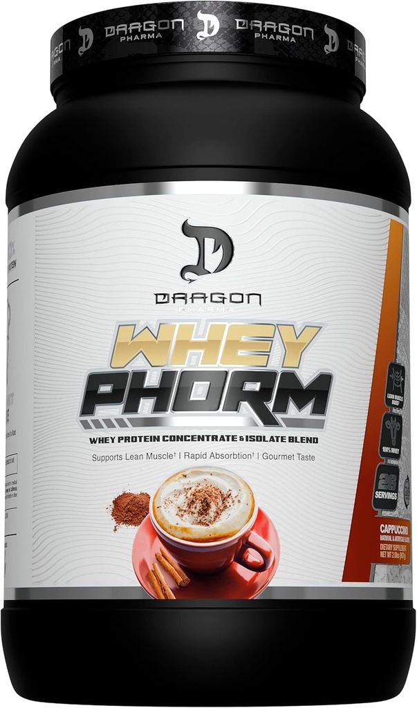 DRAGON PHARMA Whey Protein Blend, Rask absorpsjon, Glutenfri, 100% Whey Protein, WheyPorm, Maximor Recovery, Great Tasting, 25 gram protein (26 serveringer, Cappuccino)
