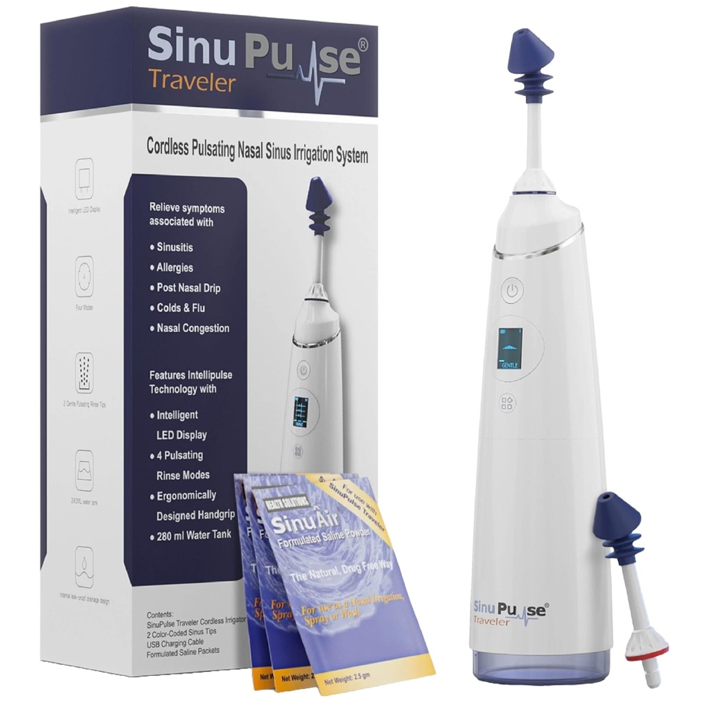 SinuPulse reisende med 30 sinuair pakker - Trådløs pulserende nasal irrigasjon Sinus rensesystem, romsparing renere og relief maskin for reise, mer effektiv enn Neti Pot eller Nese Spray Flaske