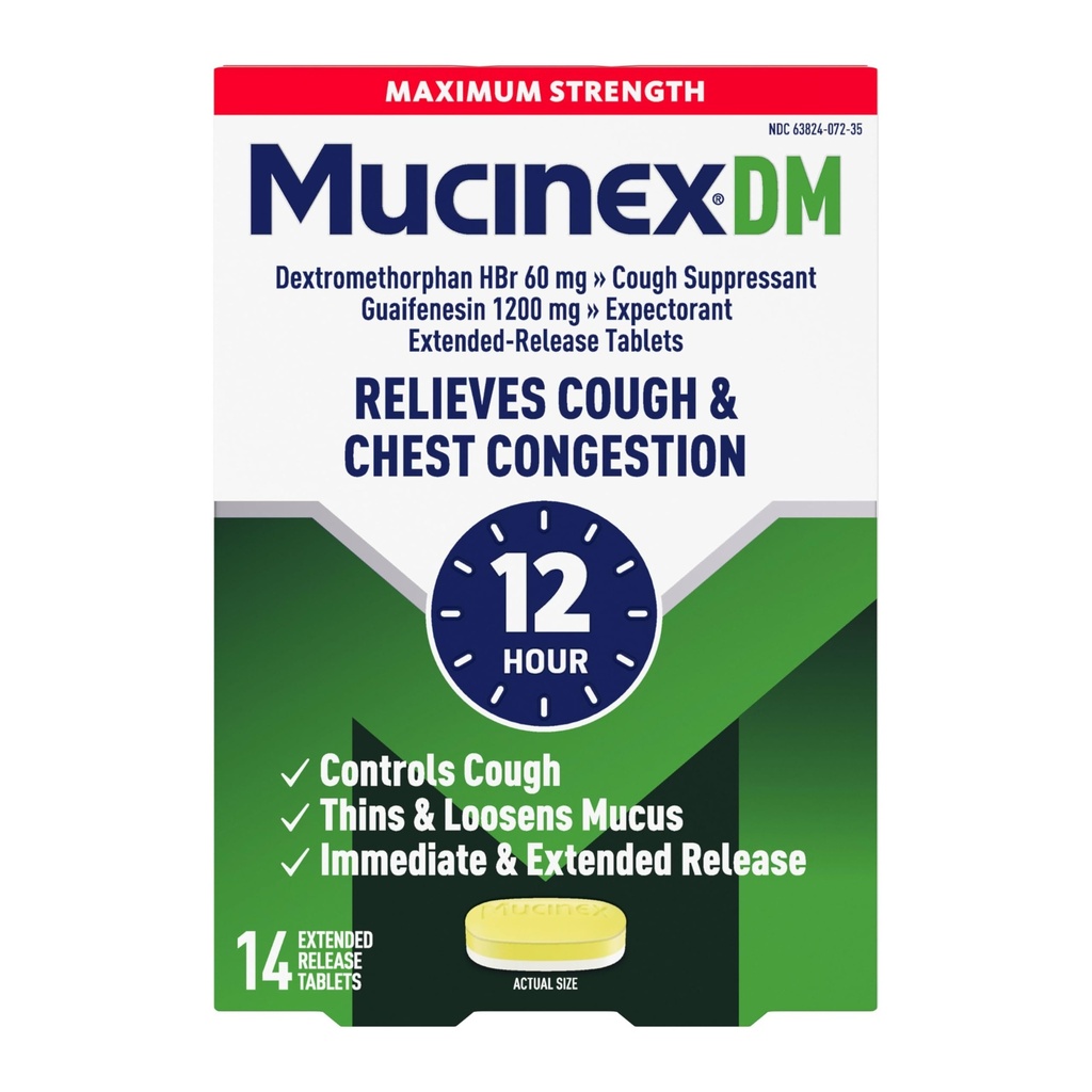 Cough Suppressant og utfordrende, Mucinex DM maksimal styrke 12 timers tabletter, 14ct, 1200 mg Guaifenesin, lindrer bryst kongessjon, stillhet våt og tørr cough, 1 lege anbefalt OTC Expectorant