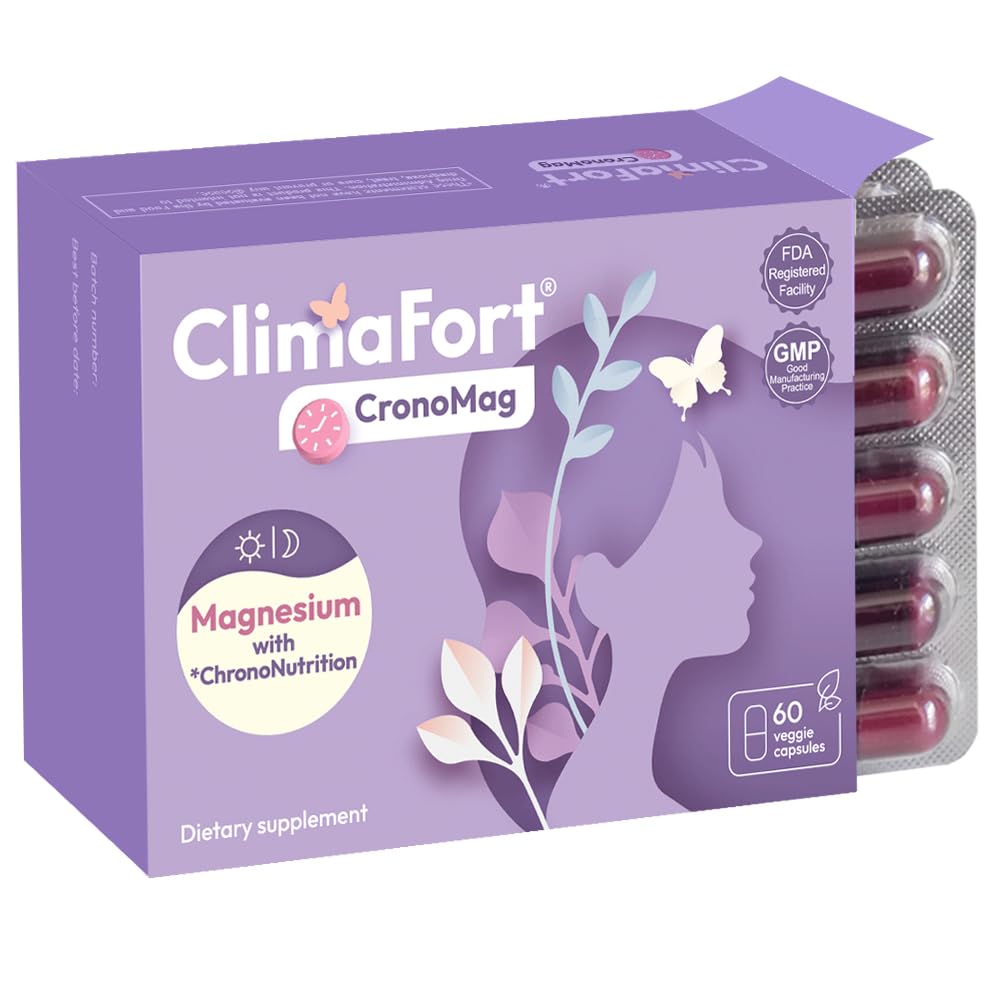 ClimaFort CronoMag Magnesium for kvinner i Menopause | 5 Salts Bisglicinat + Glycerofosfat | B12 | Energitilskudd | 1 måneds forsyning