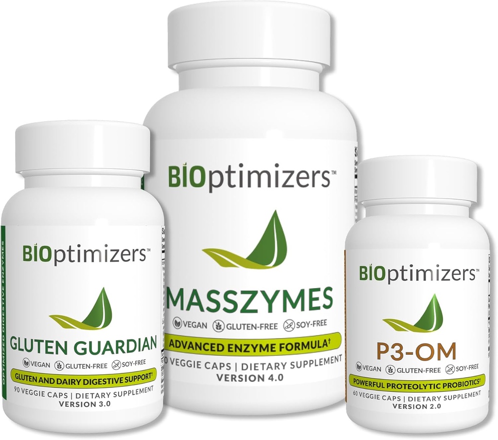 BiOptimizers Complete Gut Health Bundle - Digestive Enzymer med probiotika og prebiotika - Bleating Relief og Digestive Balance - P3-OM, Gluten Guardian, MassZymes (270 Kapsler)