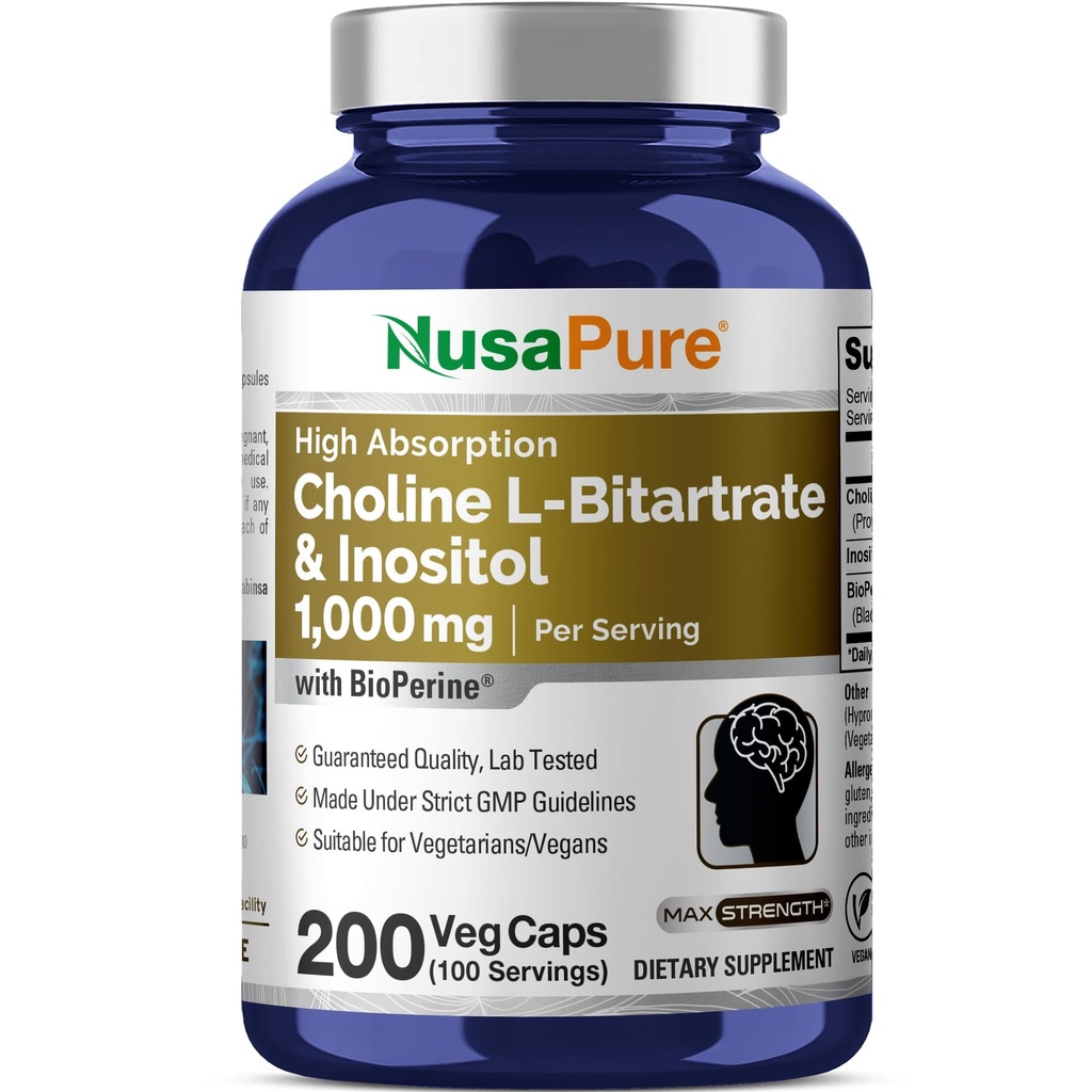 NusaPure Choline & Inositol 1000 mg - 200 Veggie Caps (100% vegetarisk, ikke-GMO) Bioperin