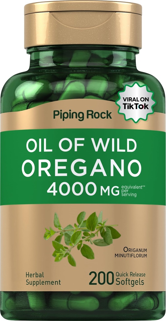 Piping Rock Oregano Oil Softgel Kapsler 4000mg | 200 piller | Herbal Extract Supplement | Wild Harvested | Ikke-GMO, Glutenfri