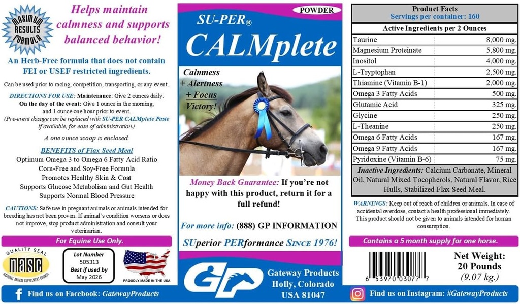 SU-PER CALMOLLE Calming Horse Supplement - opprettholde ro og balansert oppførsel - Thiamine, Tryptophan & Magnesium - 20 pund, 5 måneders forsyning (150 dager)