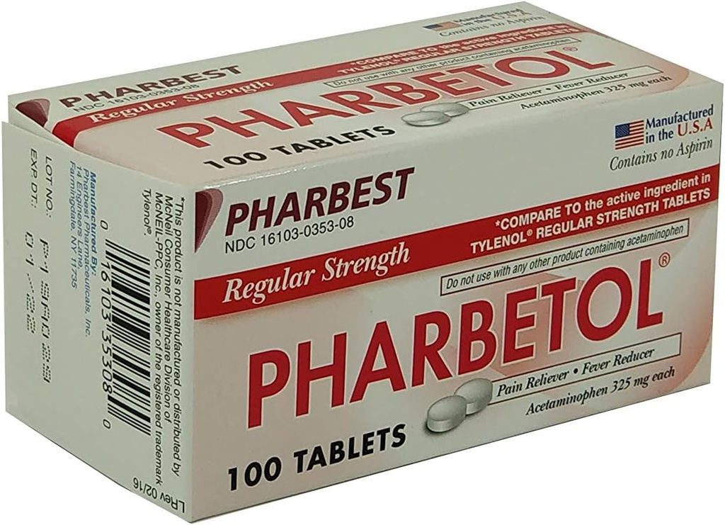Pharbetol Acetaminophen 325 mg regelmessig styrke, smertefriere, feberreduserende tabletter, 100 telling (pakke med 1)
