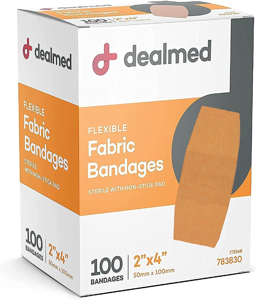 Dealmed Fabric fleksible klesmerke bandasjer med ikke-stick pad, lateks gratis, sår omsorg for førstehjelpssett, 2" x 4" (boks med 100)