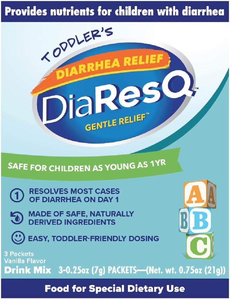 DiaResQ diarré og immunstøtte Colossum Drink Mix for Todlere (1+ år) Pakke med 3, Gentle Relief, hjelper med å gjenopprette normal intestinal funksjon, antibiotika og narkotika-fri, Glutenfri, Vanilla Flavor