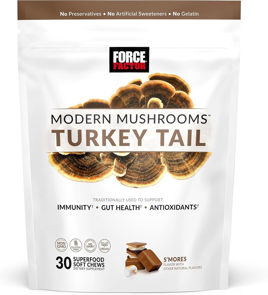 FORCE FACTOR Moderne Mushrooms Myke Chews, Tyrkia Tail Moshroom Supplement for å støtte immunitet, Digestiv helse, og vitalitet, Antioksidanter Supplement, Delicious S'Mers Flavor, 30 Myke Chews