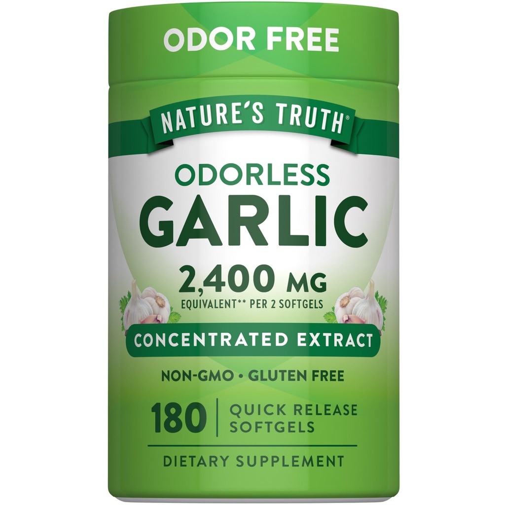 Naturens sannhet Odorless hvitløk Softgels | 2400mg | 180 greve | Ikke-GMO & Glutenfri Supplement