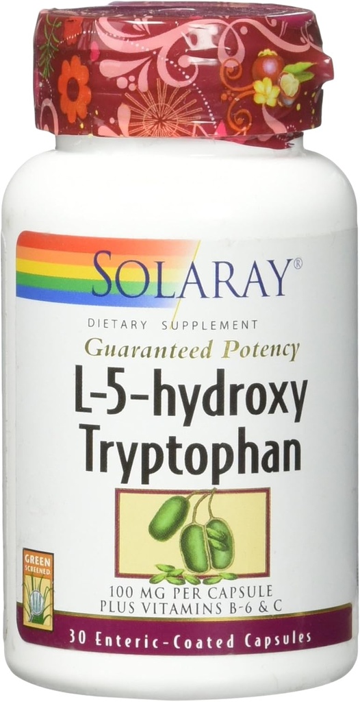 Solaray garantert styrke L-5-HTP + B 6 & C 100 mg kapsler, 30 greve