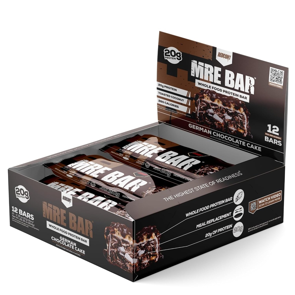 REDCON1 MRE Protein Bar, tysk sjokoladekake - Inneholder MCT olje + 20g av hele matprotein - lett disadible, Makro balansert lav sukker måltid erstatningsbar (12 Bars)